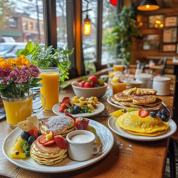 A vibrant image of a bustling dish scene in Columbus, featuring diverse dishes like pancakes, eggs, and fresh fruit.