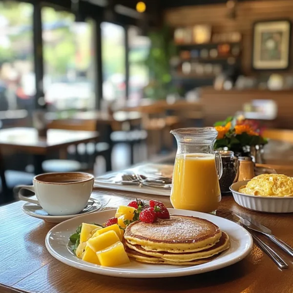 A captivating breakfast spread featuring pancakes, omelets, fresh fruits, and coffee, representing the delicious breakfast options in Columbus.