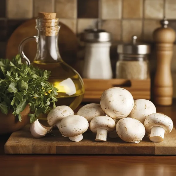 An engaging setup featuring key ingredients for cooking with Baby Bella mushrooms, including fresh mushrooms, garlic, herbs, and olive oil, beautifully arranged on a rustic kitchen counter.