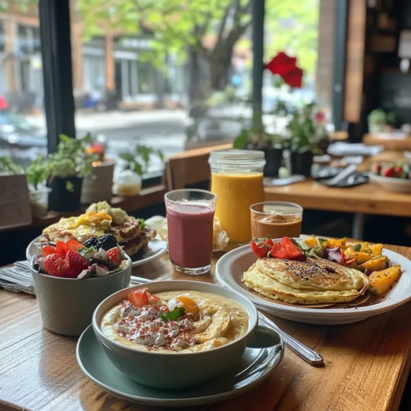 A beautiful breakfast table set at a busy café, highlighting both patrons enjoying their meals and a variety of delicious breakfast dishes.