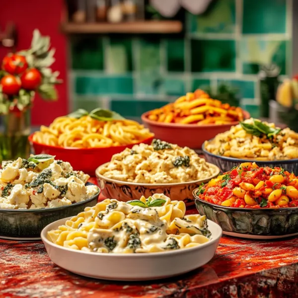 An array of enticing cream cheese pasta variations displayed in elegant bowls, including vibrant spinach pasta and spicy chipotle cream pasta.