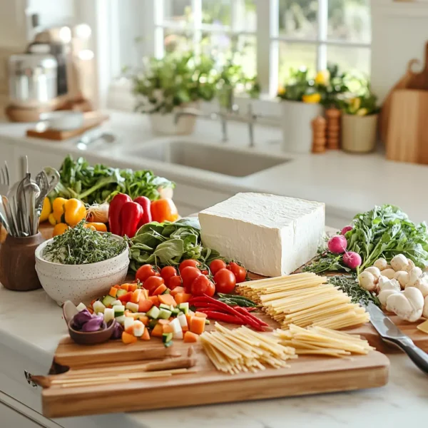 A step-by-step visual guide showing a bowl of creamy pasta being prepared, with fresh ingredients and cooking utensils beautifully arranged.