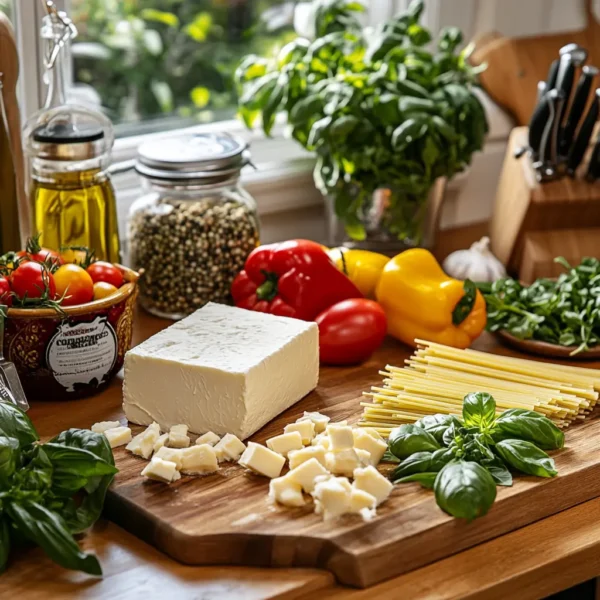 A beautifully arranged selection of ingredients for cream cheese pasta, including cream cheese, fresh vegetables, and herbs, emphasizing quality and flavor.