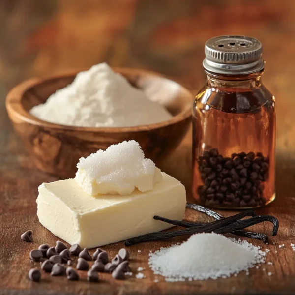A collection of key ingredients for sweetened cheese: cream cheese, granulated sugar, vanilla extract, and optional fruit purées.