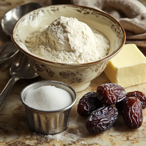 A beautifully arranged display of key ingredients for delicious cookies, including fresh dates, all-purpose flour, granulated sugar, and butter.