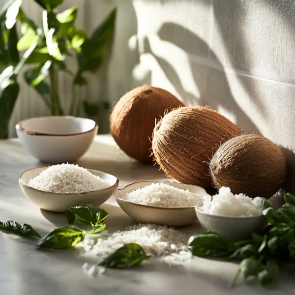 A visually appealing array of desiccated recipe, showcasing its health benefits with text highlighting fiber, healthy fats, and nutrients.