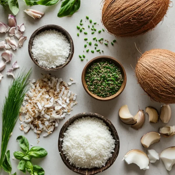 A beautiful display of key ingredients in the recipe including fresh coconuts, flakes, and nutritional facts, enhancing understanding of its benefits.