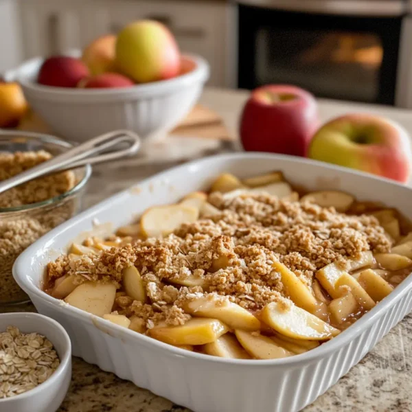 A step-by-step layout of making apple crisp, showcasing fresh sliced apples, bowls of dry topping ingredients, and a baking dish with assembled layers.