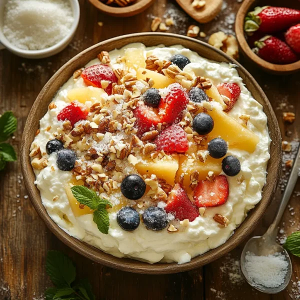 A bowl of creamy sweetened cheese topped with fresh fruit and nuts, accompanied by a spread of crackers on a wooden table.