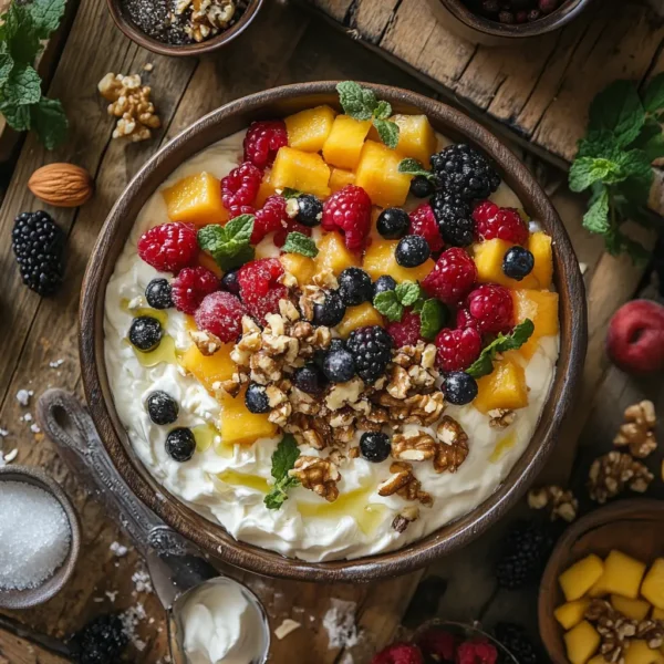 A bowl of sweetened cheese topped with fresh fruit, surrounded by ingredients like sugar and vanilla extract, showcasing its versatility.
