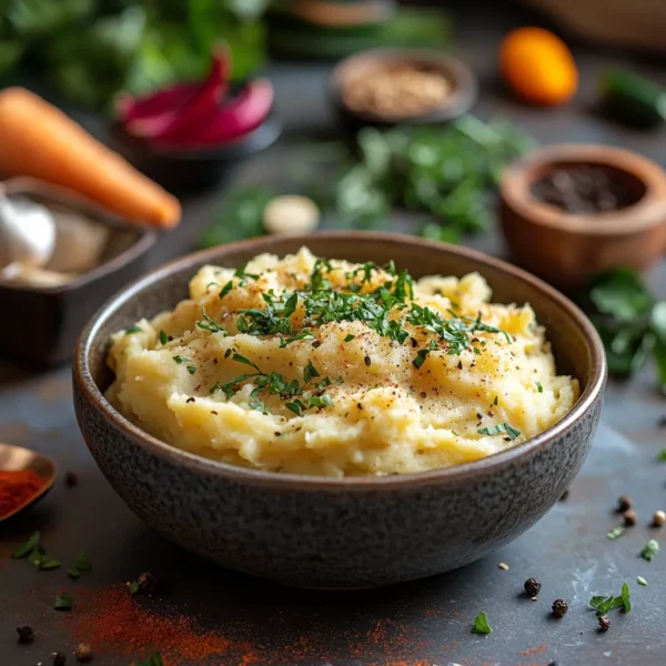 A warm serving of African mashed potatoes, creamy and garnished with herbs, showcasing its cultural significance as a comforting side dish.