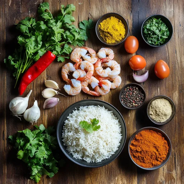 An inviting spread of shrimp biryani served in a brass bowl, garnished with fresh herbs and accompanied by raita and lime.