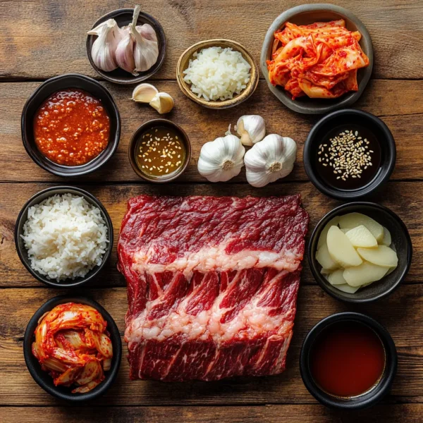 A beautiful spread of BBQ recipe brisket ingredients, including marinade, spices, and fresh produce.