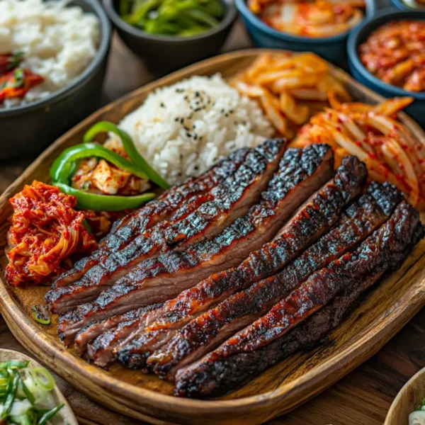 A close-up of Korean recipe being grilled with rich marbling visible