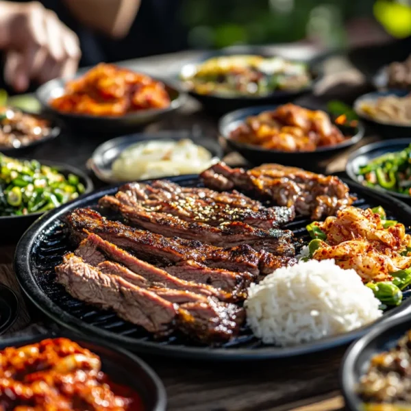 A beautifully grilled Korean BBQ brisket served on a platter with sides