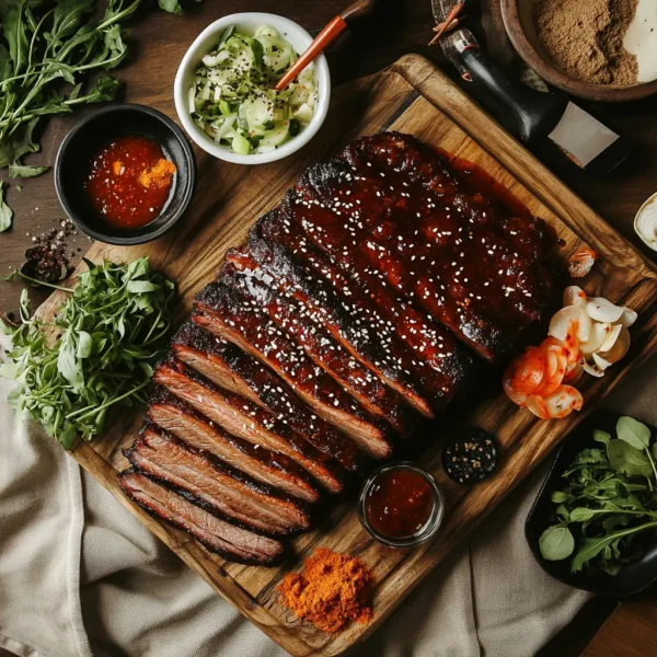 A beautifully cooked, tender BBQ brisket with juicy slices displayed on a plate