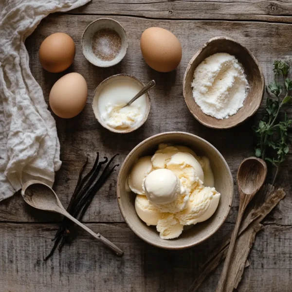 A close-up image of fresh eggs on a wooden countertop, with a background featuring creamy ice cream scoops and ingredients like milk and vanilla, emphasizing the role of eggs in ice cream recipes.