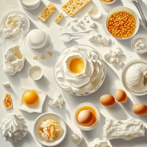 An informative graphic illustrating different binders used in cooking, showcasing eggs, gelatin, and cornstarch, with a focus on their role in improving texture and stability in ice cream.