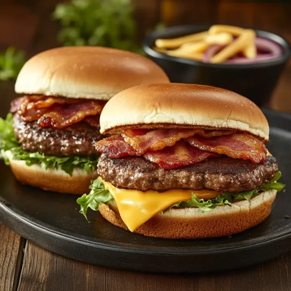 Delicious JR Bacon Cheeseburger with crispy bacon, melted cheese, and fresh greens, presented in a stylish fast food setting.