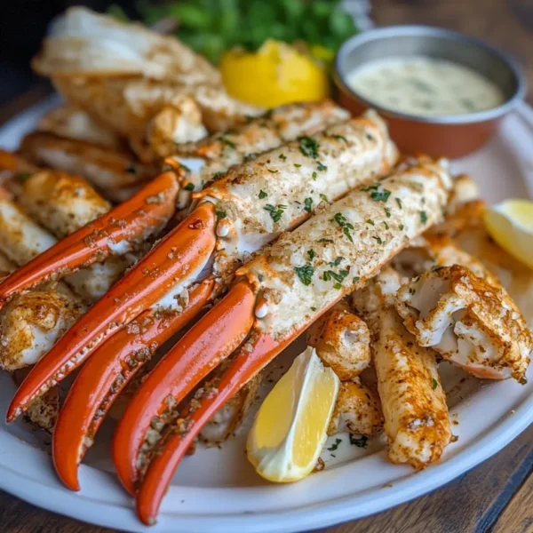 Plated snow crab legs garnished with lemon and herbs on a rustic wooden kitchen table.