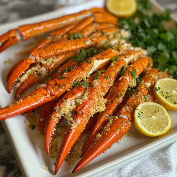 A cozy kitchen scene with a beautifully arranged plate of snow crab legs, garnished with lemon wedges and herbs, inviting readers to learn about cooking seafood.