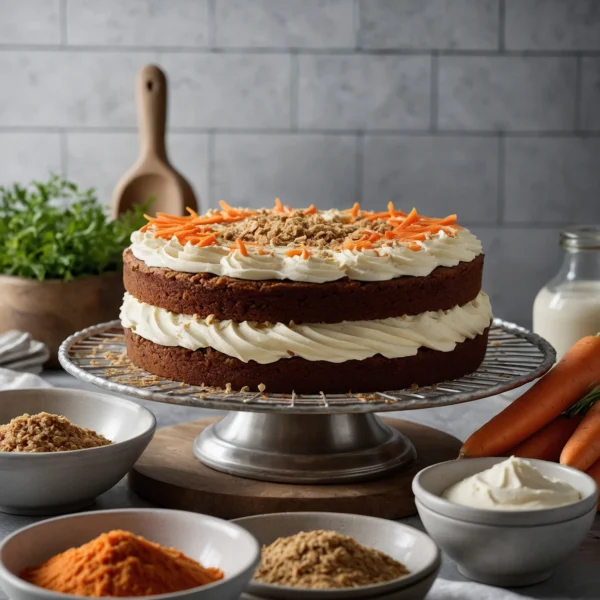 A beautifully decorated slice of carrot cake on a festive dessert plate, showcasing its moist texture and colorful frosting.