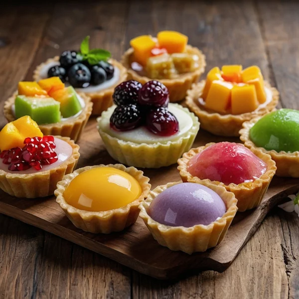 A beautifully arranged display of various Asian desserts, including mochi ice cream, mango sticky rice, and egg tarts.