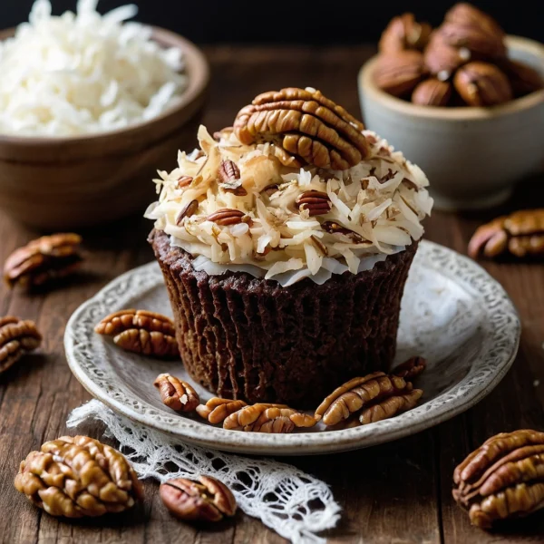 Delicious German chocolate cupcakes topped with coconut and pecans, presented on a rustic wooden platter.