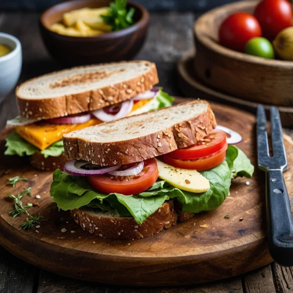 A variety of high protein sandwiches displayed on a wooden board, showcasing healthy ingredients and vibrant colors.