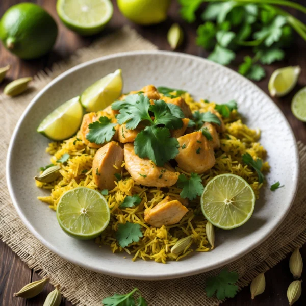 A vibrant bowl of Lime Chicken and Rice Pilaf, showcasing colorful vegetables and garnished with lime wedges, highlighting a balanced and nutritious meal.