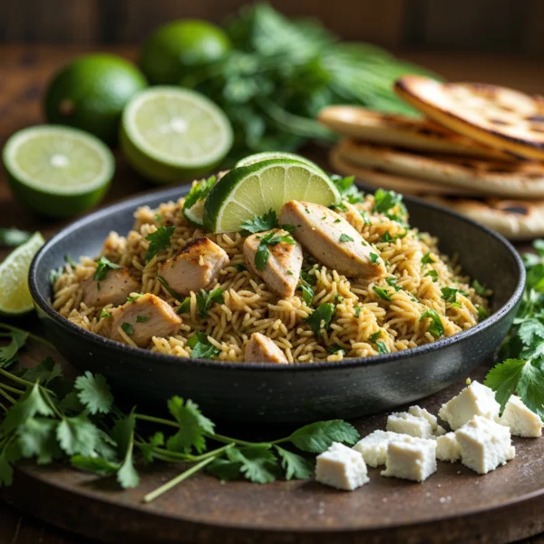 A vibrant bowl of Lime Chicken Pilaf served with fresh garnishes such as cilantro and lime wedges, alongside colorful roasted vegetables and a green salad, presented in a warm, inviting dining setting.