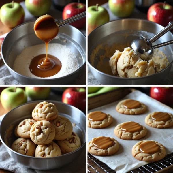 A step-by-step visual guide showcasing the process of making caramel apple cookies, including mixing ingredients and baking.