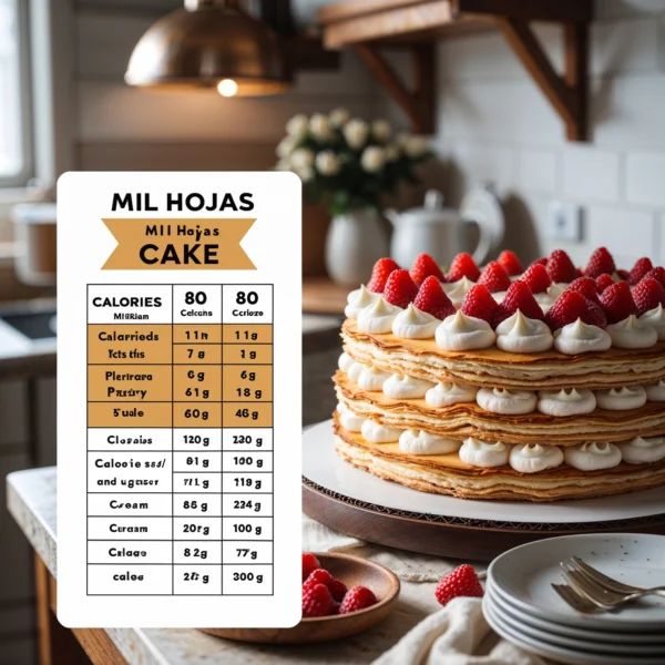 A beautifully presented slice of Mil Hojas Cake, showcasing its layers of flaky pastry and creamy custard, garnished with fresh fruit on a rustic wooden table.