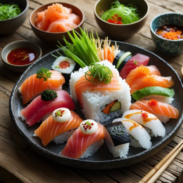 An organized display of key ingredients for chirashi recipe, including sushi rice, fresh sashimi, colorful vegetables, and flavorful sauces, set on a rustic kitchen counter.