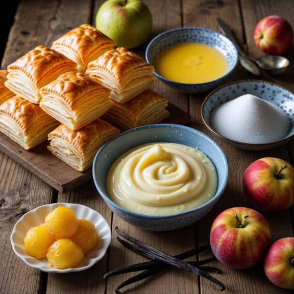 A beautifully organized display of key ingredients for Mil Hojas Cake, including flaky puff pastry, creamy custard, sugar, vanilla extract, and fresh fruit, set on a rustic kitchen countertop.