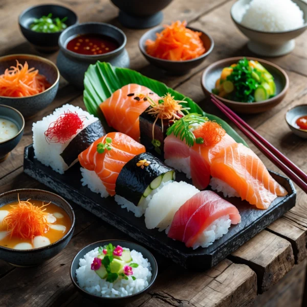 A beautifully arranged chirashi bowl featuring a variety of toppings like fresh veggies, avocado, and garnishes, presented in a vibrant and inviting setting.