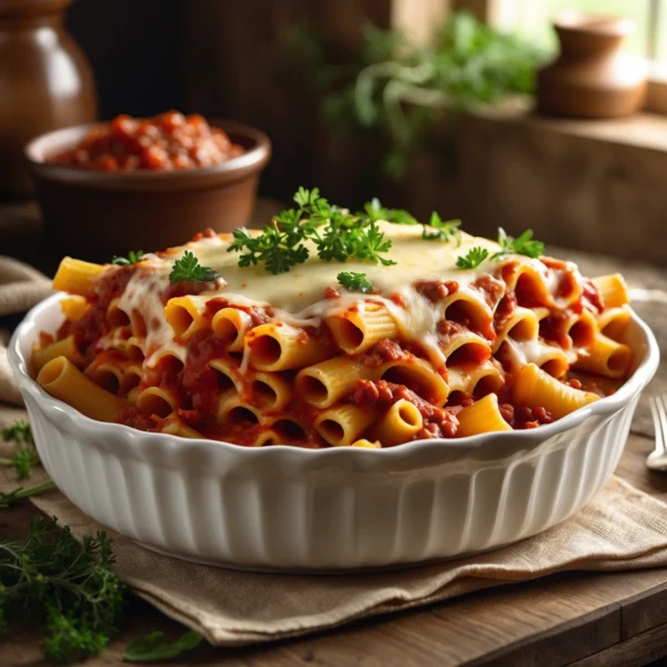 An image depicting a beautiful baked ziti dish served in a rustic setting