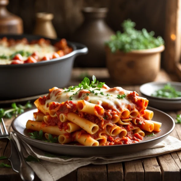 A beautiful casserole dish of baked ziti, showcasing layers of pasta, marinara sauce, creamy ricotta, and melted mozzarella cheese, presented on a wooden table.