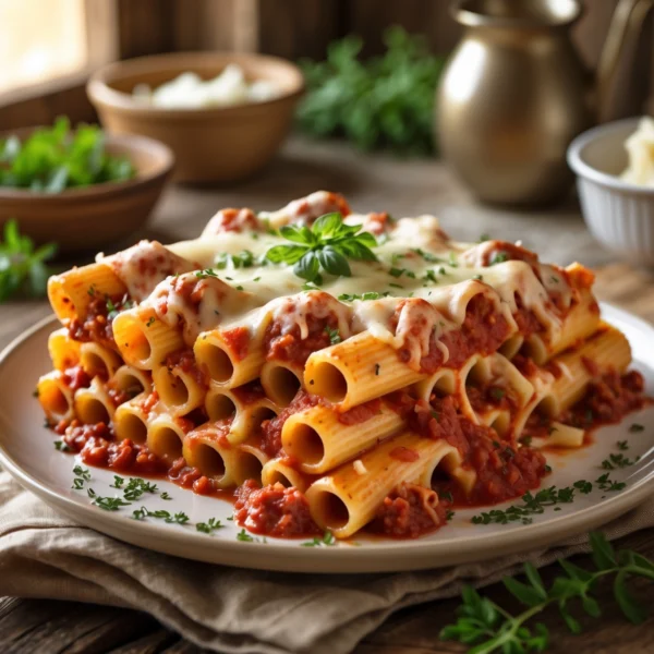 A steaming casserole dish of baked ziti topped with melted cheese, fresh herbs, and marinara sauce, served on a rustic wooden table with a cozy kitchen backdrop.