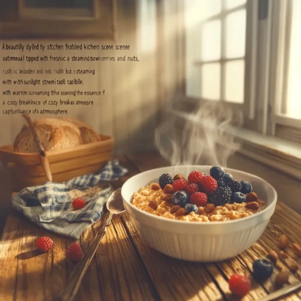 A rustic dish of Amish baked oatmeal topped with fresh fruits and nuts, served on a wooden table with a warm atmosphere.